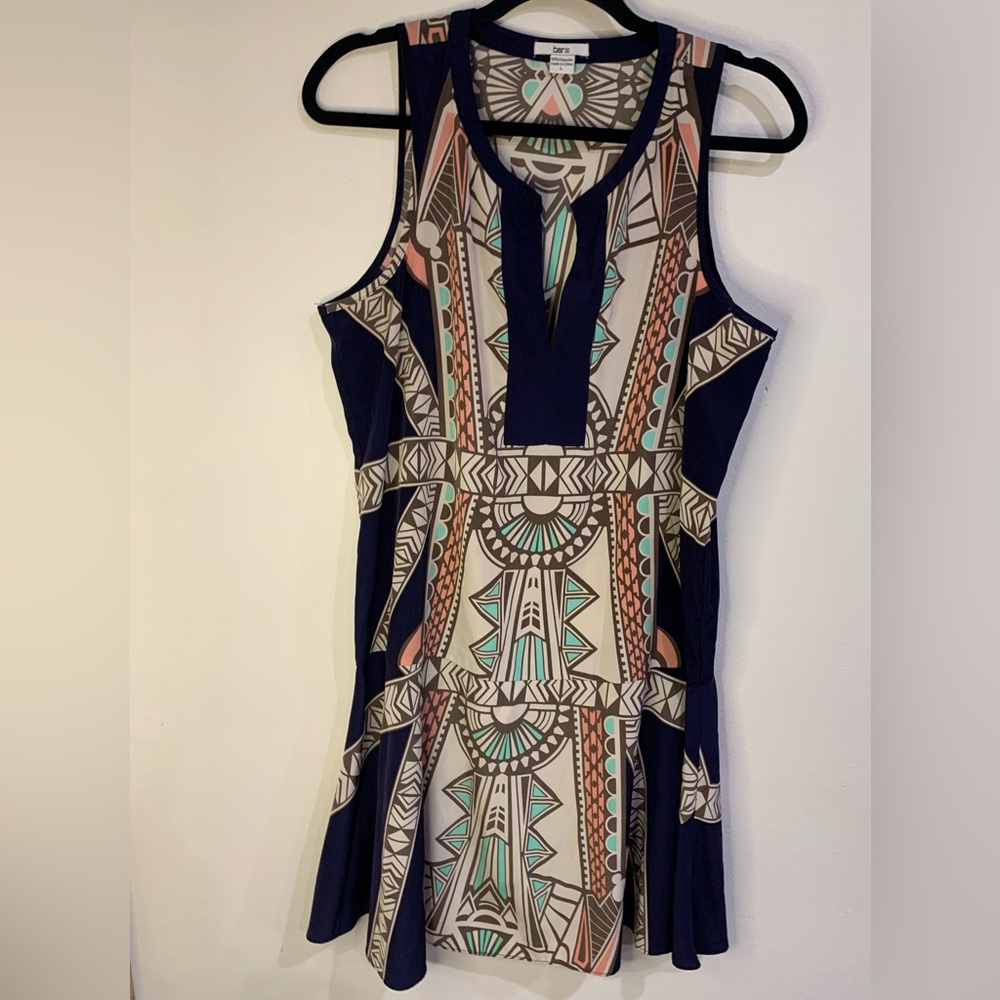 Bar III Navy and Beige Geometric Mini Dress Size L Southwestern Boho Flounce Hem